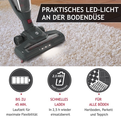 Hoover Akku-Staubsauger ohne Beutel I Akkusauger + Handstaubsauger in Einem mit 45 Min. Laufzeit I Staubsauger kabellos mit LED Licht, Parkfunktion, Klappgriff, Fugendüse & Staubbürste [HF21F25]
