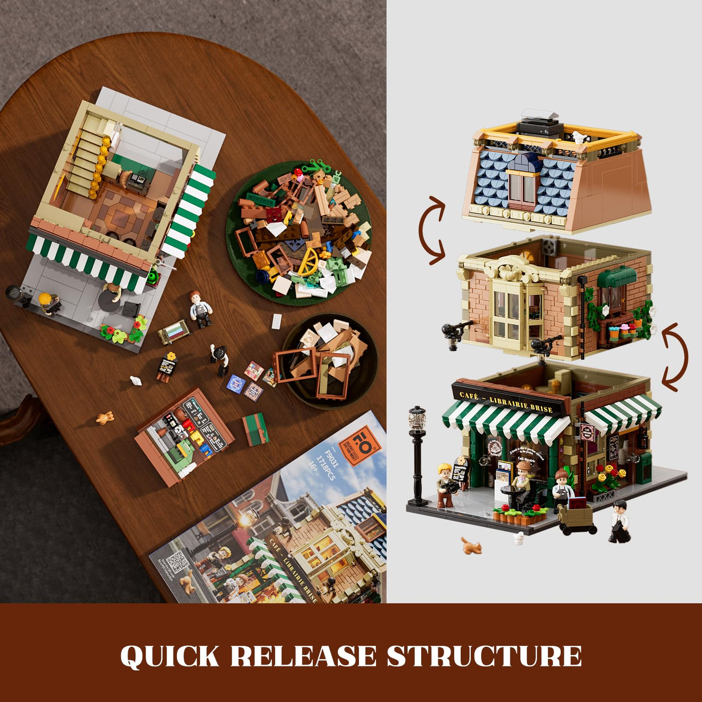 Funwhole Buchcafé Beleuchtetes Baukasten Set - Stadtkaffeehaus LED Licht Modularer BAU Modellsets 1718 Stücke für Erwachsene und Jugendliche