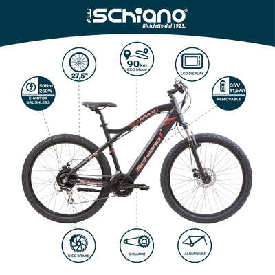 F.lli Schiano Braver, E Bike Mountainbike, 27.5 Zoll, 36V 11.6Ah Abnehmbarer Akku, Motor 250W 50Nm, MTB Ebike für Herren und Damen, Schwarz-Rot