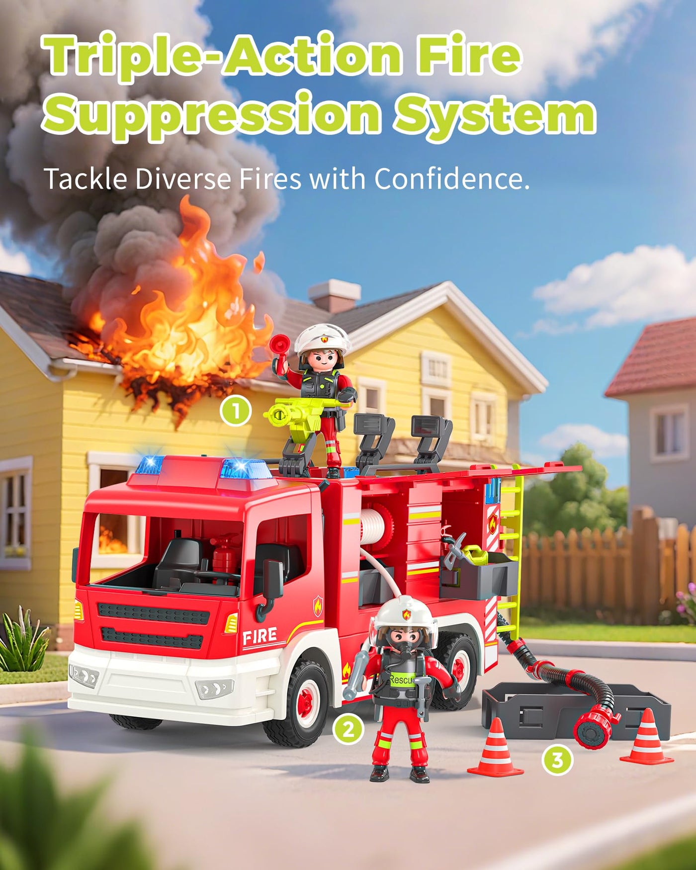 Coroiesty Feuerwehrauto Spielzeug ab 4 Jahre, Große Feuerwehrwagen mit 2 Feuerwehrleuten & Werkzeug, Licht & Sirene, pädagogisches Rettungsfahrzeug für Kinder Jungen Mädchen