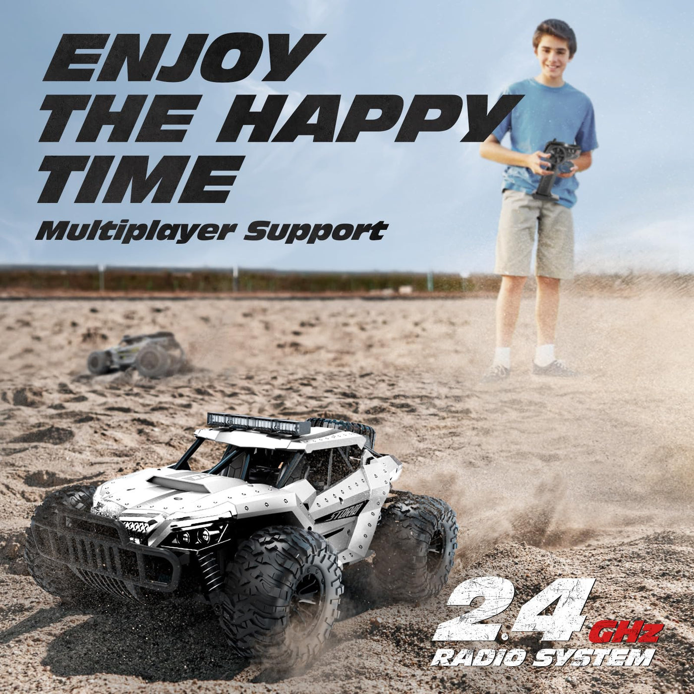 Tecnock Ferngesteuertes Auto 1:16 mit Scheinwerfer und Fahrgestellbeleuchtung, All Terrain Off Road RC Monstertruck 2,4GHz Spielzeug, 2 Akku für 60 Min. Laufzeit - Geschenk für Erwachsene Kinder