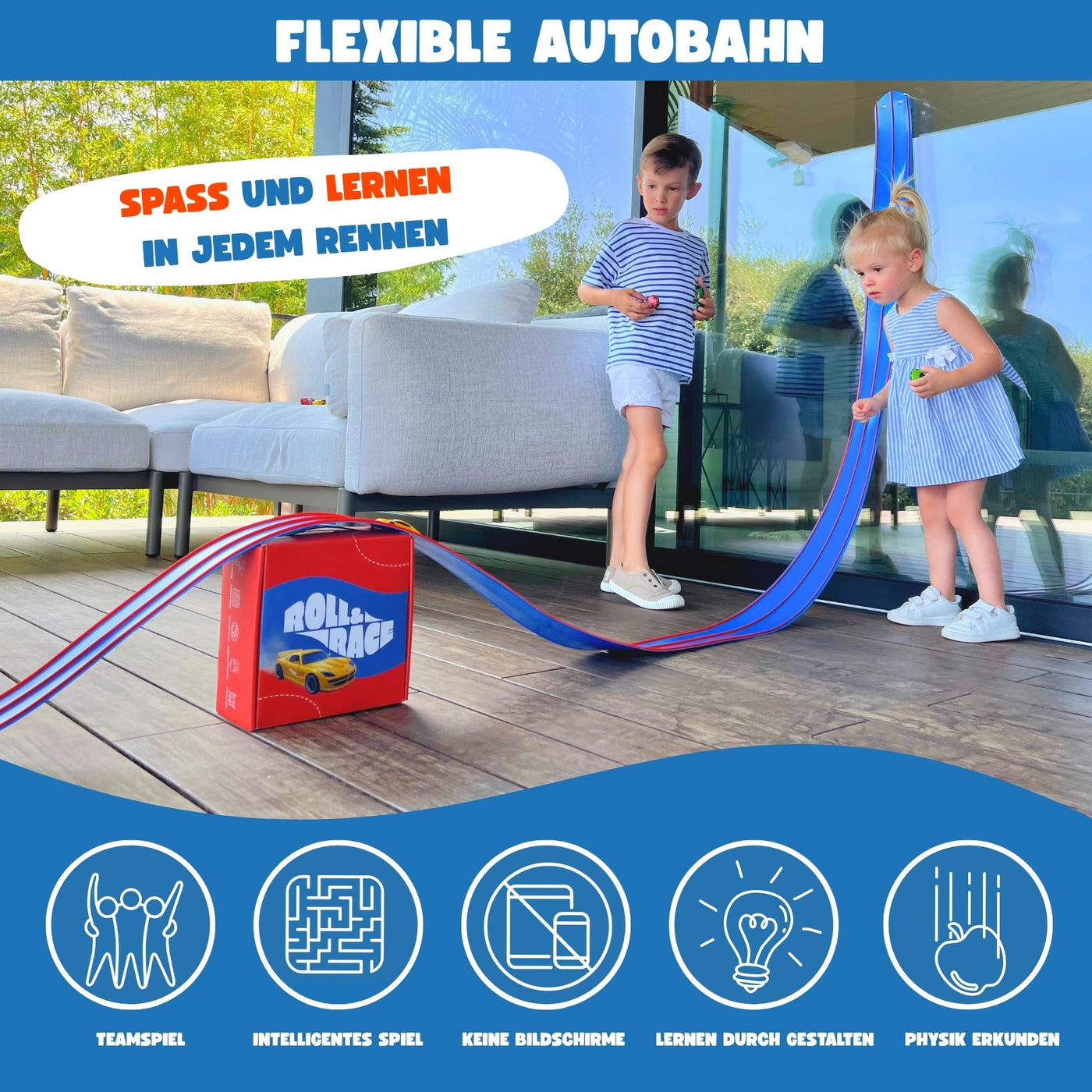 Roll&Race Flexible Spielzeugautorennbahn 400 cm - Made in EU - Aufrollbare Rennstrecke - Spielzeugauto-Rennstrecke - Rennbahn - Geschenk für Kinder - Gummistrecke Kinder - Flexible Car Track