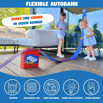 Roll&Race Flexible Spielzeugautorennbahn 400 cm - Made in EU - Aufrollbare Rennstrecke - Spielzeugauto-Rennstrecke - Rennbahn - Geschenk für Kinder - Gummistrecke Kinder - Flexible Car Track