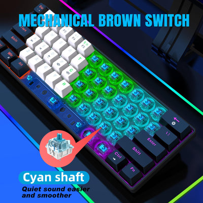 Snpurdiri 60% kabelgebundene mechanische Gaming-Tastatur, 61 Anti-Ghosting-Tasten, RGB-Hintergrundbeleuchtung, ultrakompakte Blaue Schalter, Zwei Ständer, schwarz-weiß