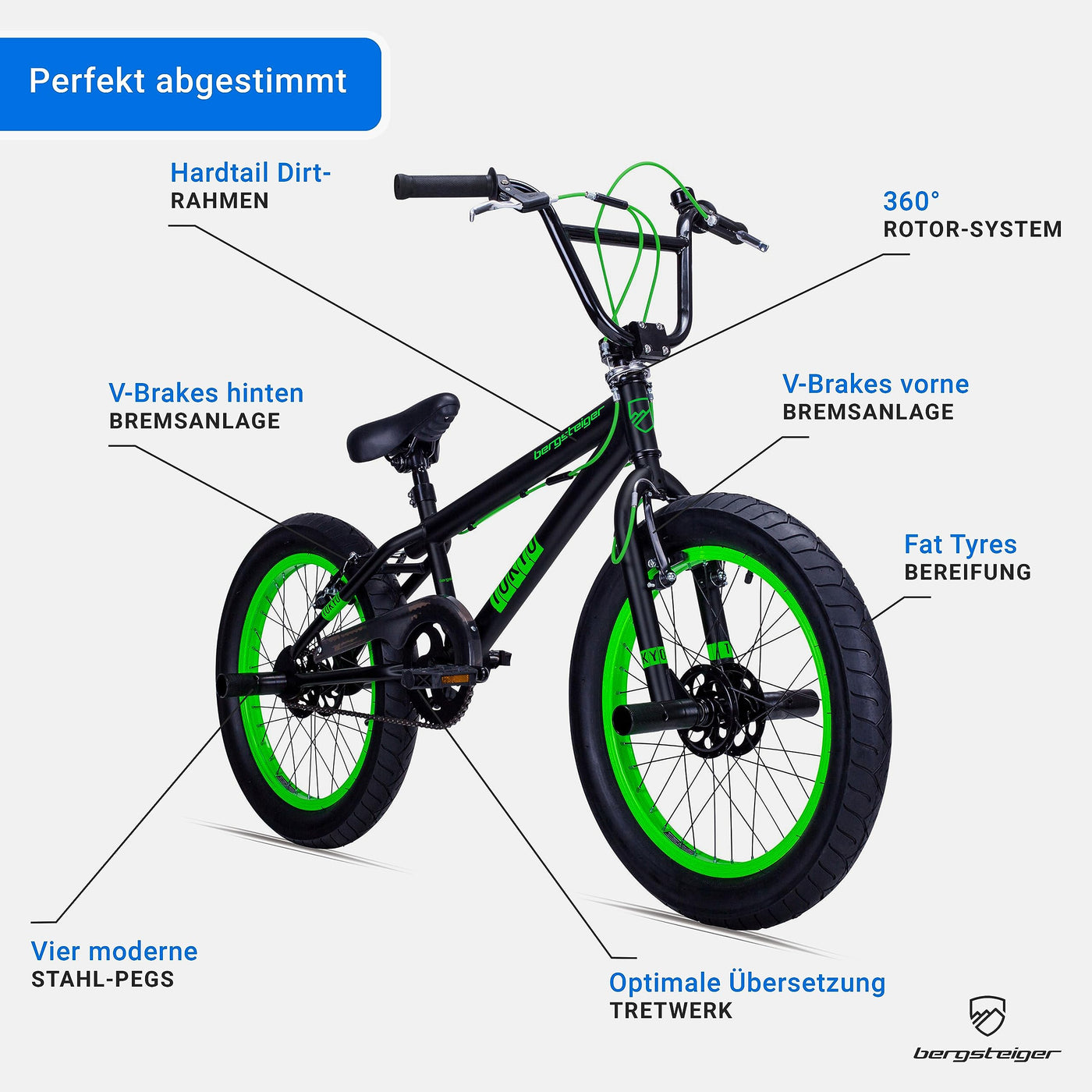Bergsteiger Tokyo 20 Zoll BMX, Fatbike, 360° Rotor-System, Freestyle, 4 Stahl Pegs, Kettenschutz, Freilauf