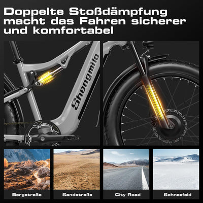 Shengmilo S600 2 * 1OOOW Dual Motor Aluminium Rahmen E-Bike, Drehmoment 80N.M×2,26Zoll,3.0 Fat Tire Elektrofahrrad, 840WH Akku mit abnehmbarem Li-Ion Akku und 7 Gangschaltung Herren Damen e Bike