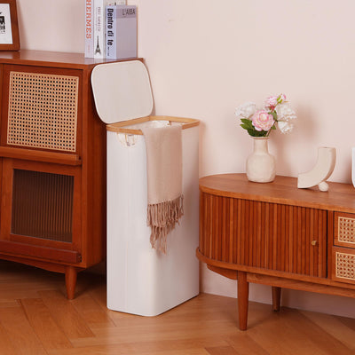 efluky Wäschekorb Schmal 63L, Schlanker Wäschekorb mit Deckel, Beige Faltbare Wäschebehälter mit Bambusgriffen und abnehmbarem Beutel für Waschküche, Schlafzimmer, Badezimmer