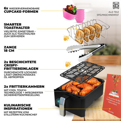 Stillstern Dual Zone Heißluftfritteuse 8L [für 1-8 Pers], 2400W, NEU: HeatingFlow Technologie, 80-200°C, Shake-Funktion, 120 Rezepte [DEUTSCH], 8 Programme, Dörren, Auftauen&Warmhalten, Air Fryer