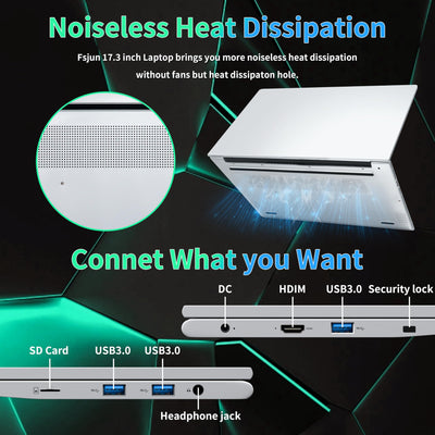 17,3 Zoll Laptop Computer, 16GB RAM, 1TB NVMe SSD, Quad-Core Celeron N5095 CPU(bis 2,9 GHz), FHD IPS Display, Fingerprint Sensor, beleuchtete Tastatur, HDMI, WiFi, BT, 3X USB 3.0, Silber Notebook