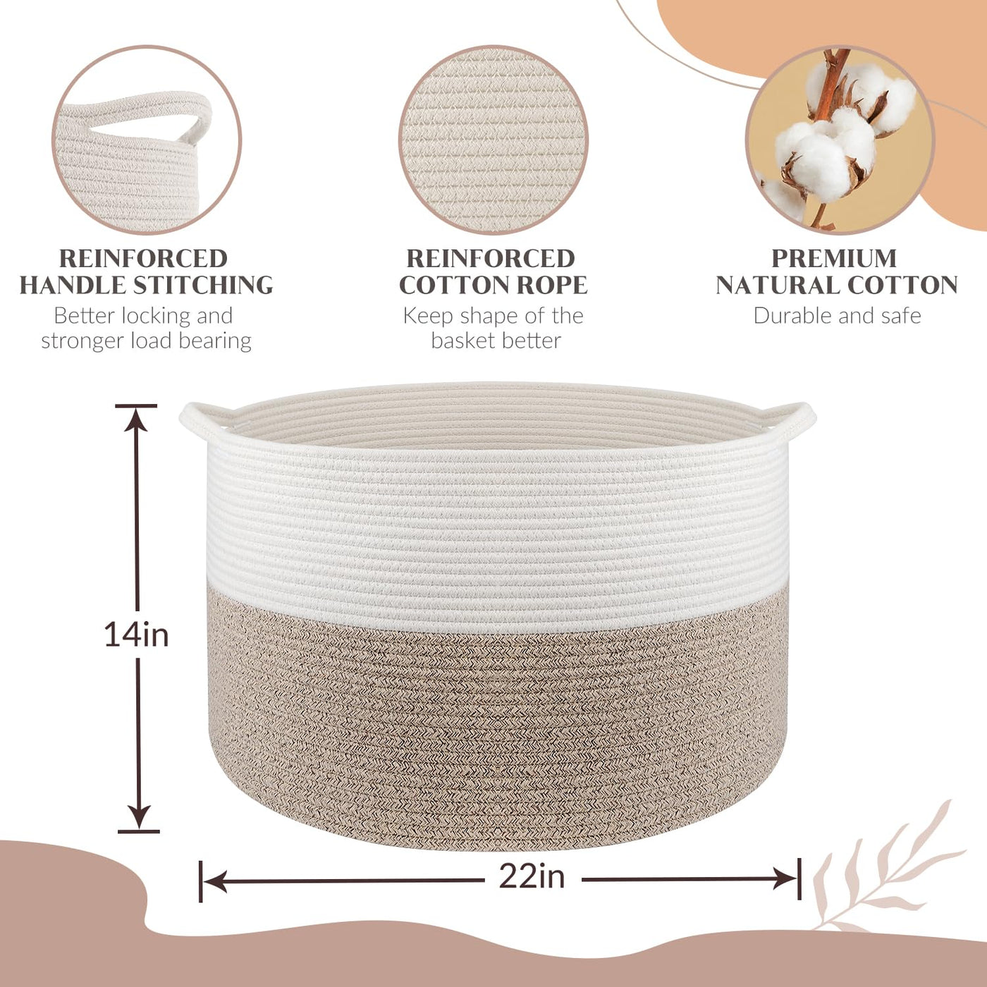 Maliton Aufbewahrungskorb für Wohnzimmer, Wäschekorb Geflochten aus Baumwollseil,Spielzeug Korb mit Griffen,Korb für Kuscheltiere,Wäsche,Decken,Kissen,Kleidung,50x33 cm,Weiß Braun