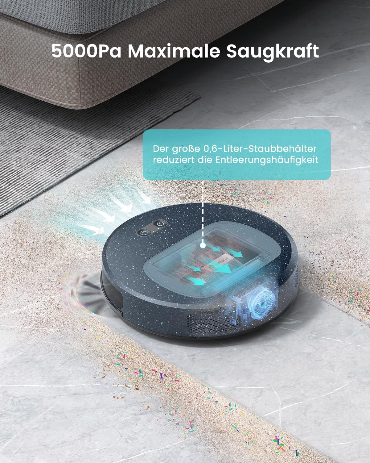 LEFANT F1P Saugroboter mit 5000Pa Saugkraft, DREI Saugleistungsstufen,600mL Staubbehälter, 6,9 cm, 250 Minuten,Roboterstaubsauger ausschließlich für Hartböden und Kurzflorteppich,Tierhaare（blau）