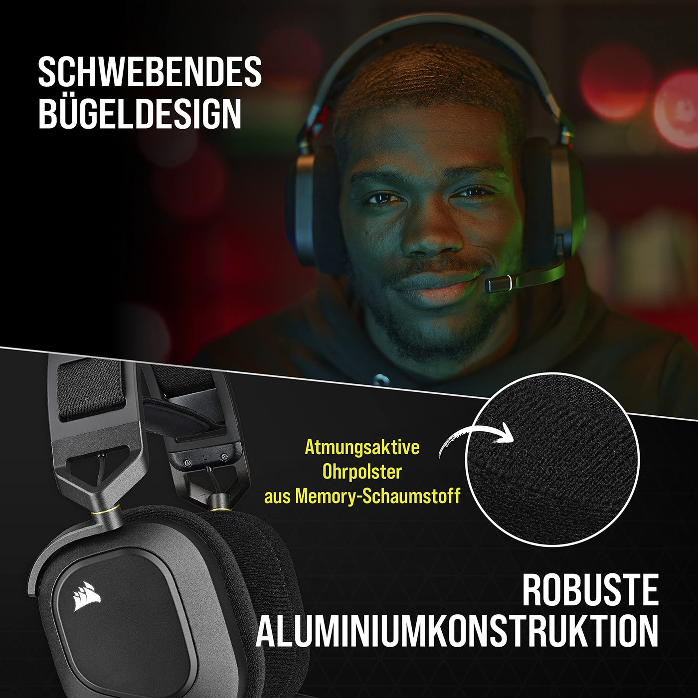 CORSAIR HS80 RGB WIRELESS Multiplattform-Gaming-Headset - Dolby Atmos - Omnidirektionales Mikrofon - iCUE-Kompatibel - PC, Mac, PS5, PS4 - Carbon, Farbe Schwarz