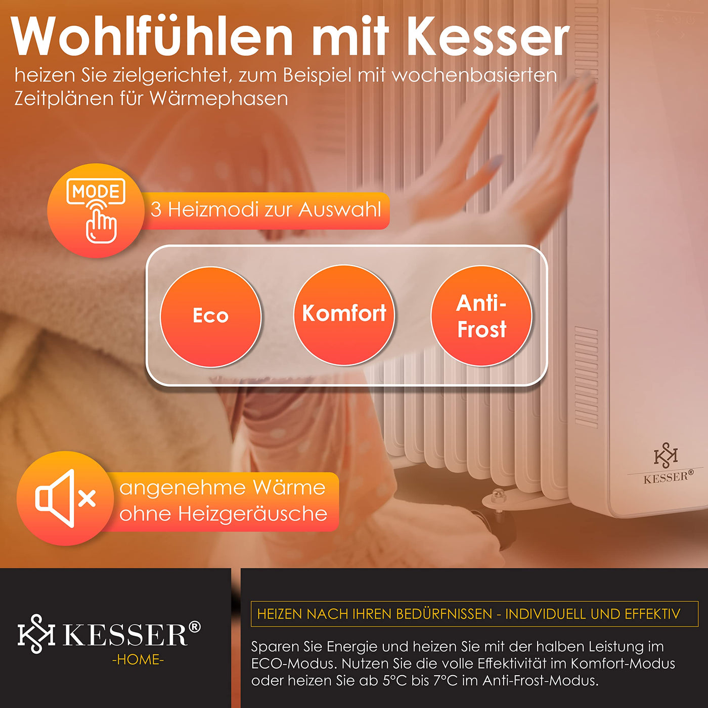 KESSER® Ölradiator 2500W Mobile Elektroheizung energiesparend mit WiFi App-Steuerung & LED Touch-Display Fernbedienung Öl Radiator Heizung elektrisch 11 Rippen Heizkörper 24h Timer Überhitzungsschutz