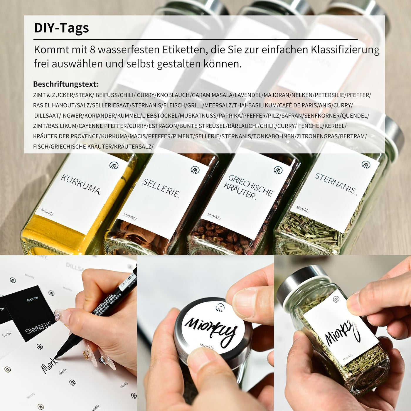 Miorkly Gewürzgläser Eckig mit Streueinsatz, Edelstahl Deckel Gewürzdosen Set 120ml, 12 Gewürzgläser Set, Gewürzstreuer Glas mit Streuer-Aufsätze, Trichter, Etiketten & Kreidestift, Gewürze Set