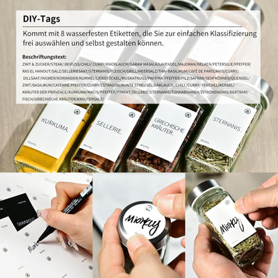 Miorkly Gewürzgläser Eckig mit Streueinsatz, Edelstahl Deckel Gewürzdosen Set 120ml, 12 Gewürzgläser Set, Gewürzstreuer Glas mit Streuer-Aufsätze, Trichter, Etiketten & Kreidestift, Gewürze Set