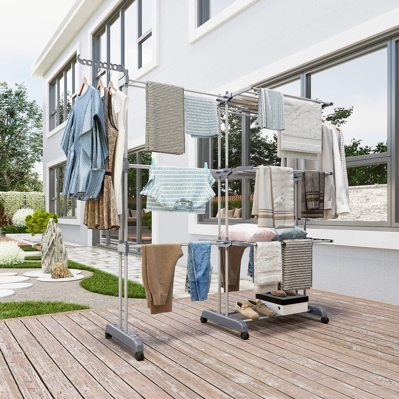 Shrivee Wäscheständer Turm, 3 Etagen mit 6 klappbaren Flügeln, Wäscheständer Ausziehbar Länge 66-130 cm, klappbarer Waschestander für Innen und Außen große Familien aus Edelstahl Bettwäsche