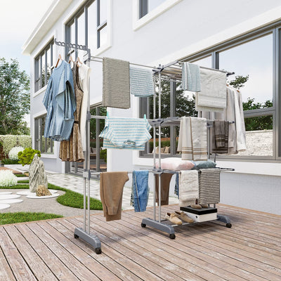Shrivee Wäscheständer Turm, 3 Etagen mit 6 klappbaren Flügeln, Wäscheständer Ausziehbar Länge 66-130 cm, klappbarer Waschestander für Innen und Außen große Familien aus Edelstahl Bettwäsche