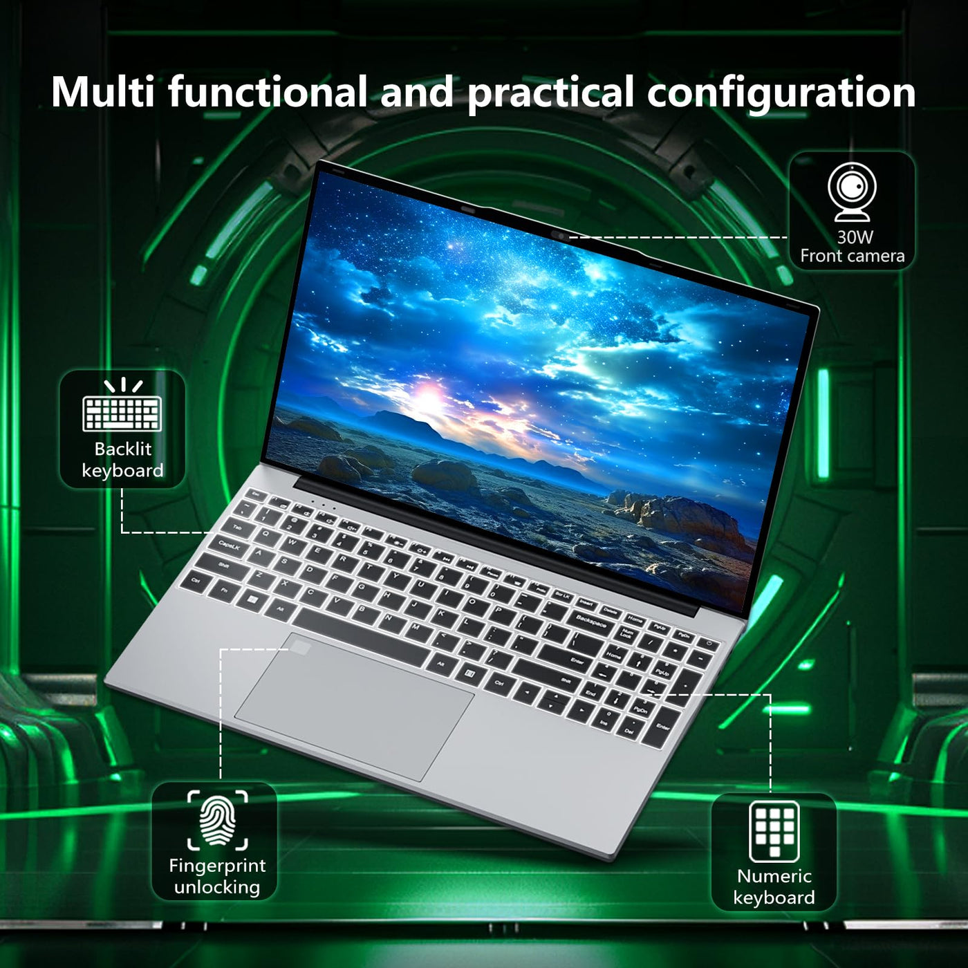 Win 11 Pro Laptop 15,6 Zoll, Notebook 24GB RAM 512GB SSD, Celeron N5095 Prozessor, Laptop FHD 1920*1080 mit Wi-Fi5/USB 3.0/Ziffernblock/Tastatur mit Hintergrundbeleuchtung/Touch ID PC-Computer