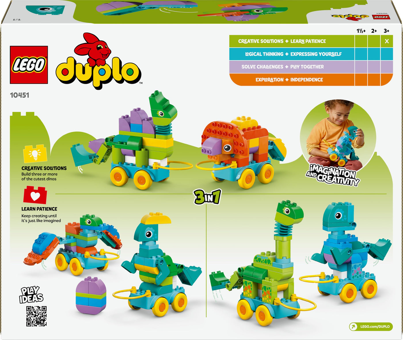 LEGO DUPLO Dinos auf Rädern 3-in-1-Set - Lernspielzeug für Jungen & Mädchen ab 3 Jahren - Diplodocus und T. Rex, Triceratops & Stegosaurus oder Pteranodon & Parasaurolophus Dinosaurier Figuren - 10451