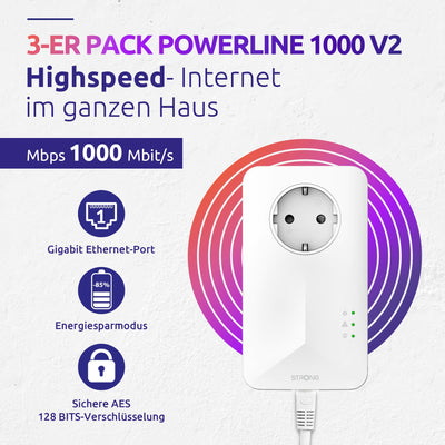 STRONG - Powerline 1000 Triple EU Set - 3 Powerline-Adapter - 1000 Mbps, Fast-Internetzugang - integrierte Steckdose - 300 m Reichweite - Für alle Router - LAN-Anschluss -Easy-Installation - weiß