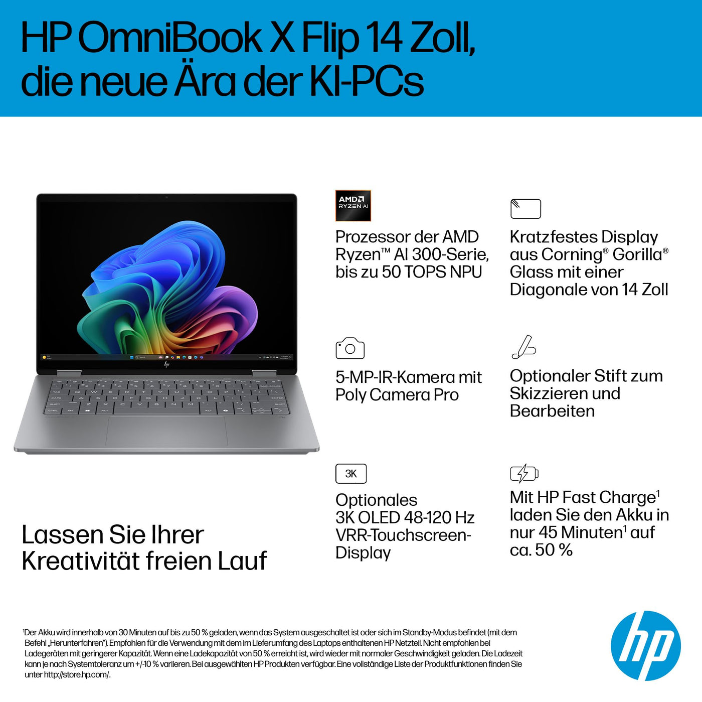 HP OmniBook X Flip 2in1 Next Gen AI Laptop | AMD Ryzen AI 7 350 (8C) | dedizierte NPU für KI | 50 NPU Tops | Copilot+ PC | 14" WUXGA 1920x1200 Touchscreen | 16GB | 512GB SSD | Win11 | QWERTZ | Silber