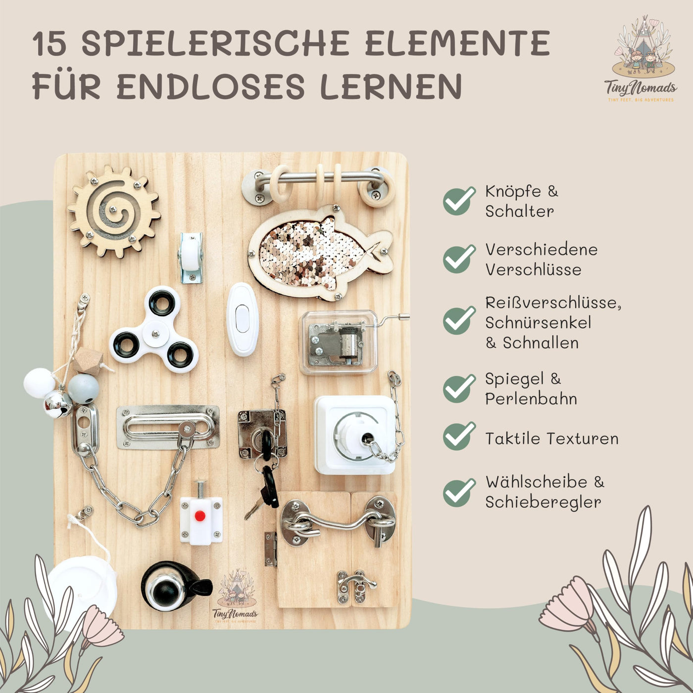 Tiny Nomads Montessori Busy Board motorikbrett ab 1 2 3 4 Jahr - Motorikboard für Baby Sensorik Activity Board holzspielzeug Autismus & ADHS geeignet
