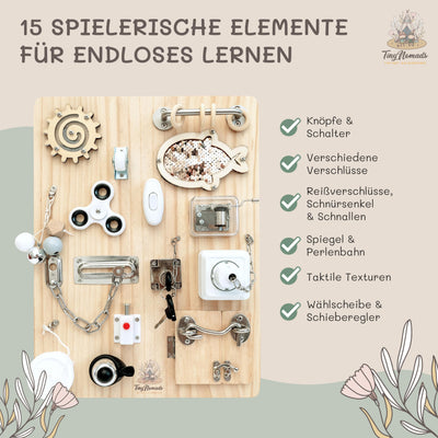 Tiny Nomads Montessori Busy Board motorikbrett ab 1 2 3 4 Jahr - Motorikboard für Baby Sensorik Activity Board holzspielzeug Autismus & ADHS geeignet