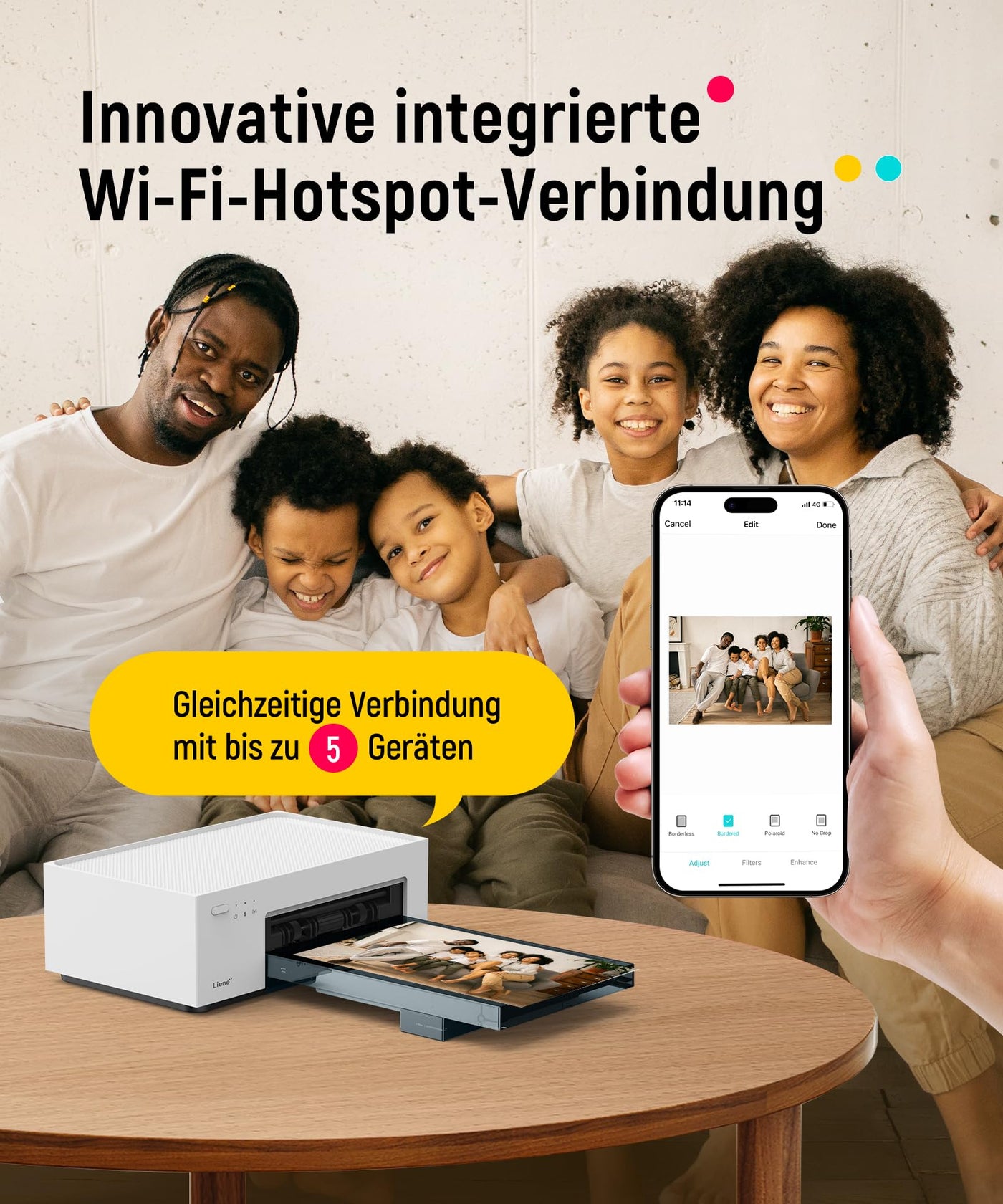 Liene Fotodrucker für Smartphone(10x15 cm)+Set mit 2 Packungen(20+80 Blatt) Fotopapier/Patrone,WiFi Handy Fotodrucker für iPhone/Android/PC, 300DPI Farbsublimation Sofortbilddrucker, Printer Portable