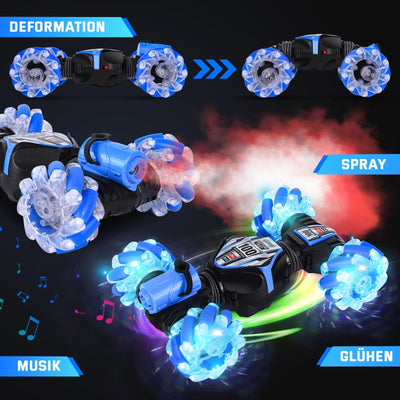 Herenear Ferngesteuertes Auto mit Handsteuerung, 4WD 2.4GHz RC Stunt Car mit Licht und Sprühen, 360° Drehung Crawler Fahrzeug, Doppelseitige Rotierende Off Road RC Twist Car für Kinder (Blau)