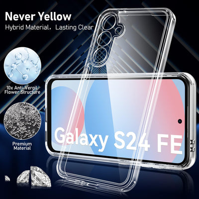 Qasyfanc Handyhülle Kompatibel mit Samsung Galaxy S24 FE Hülle mit Kameraschutz und 2 Stück Schutzfolie, Hard PC Nie Vergilbung Case Transparent Militärschutz Fallschutz Schutzhülle, Klar