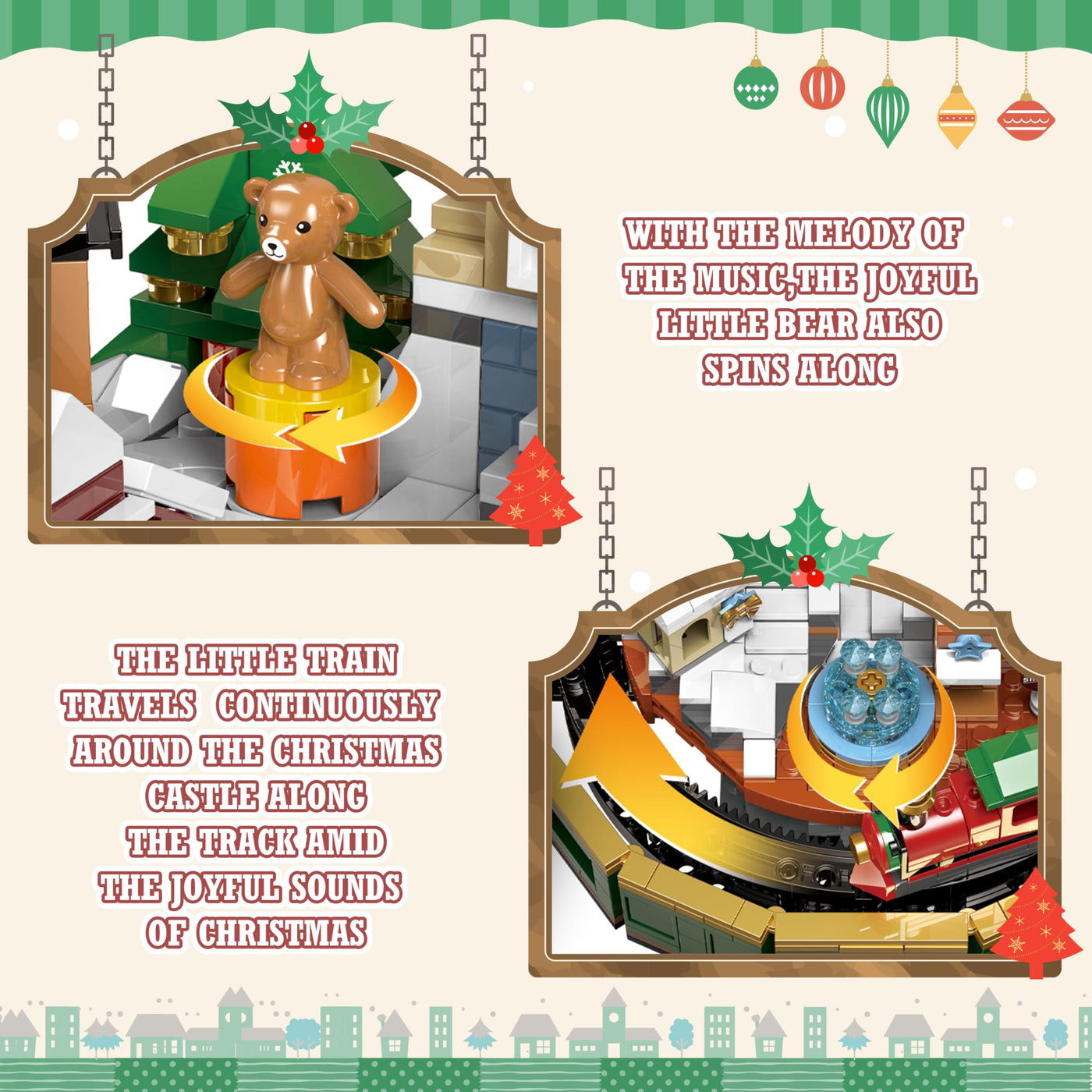 Charmofun Weihnachtsschloss Bausatz, Weihnachten Bauspielzeug Rotierbar mit Licht und Musik, Weihnachtsdorf Achterbahn Bausteine mit Weihnachtsbaum Zug für Erwachsene Kinder Jahren 8+