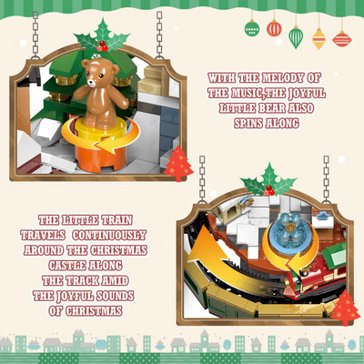 Charmofun Weihnachtsschloss Bausatz, Weihnachten Bauspielzeug Rotierbar mit Licht und Musik, Weihnachtsdorf Achterbahn Bausteine mit Weihnachtsbaum Zug für Erwachsene Kinder Jahren 8+