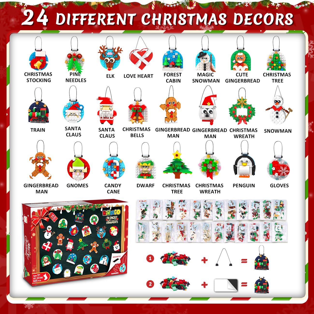 HiWEEGO 2025 Weihnachten Bauset, 2 in 1 Teile Hängende Magnetisch Weihnachtsbaum Ornamente Lebkuchenmännchen Kranz Weihnachtsmann Schneemann, Weihnachts Klemmbausteine für Erwachsene Kinder Jahren 6+