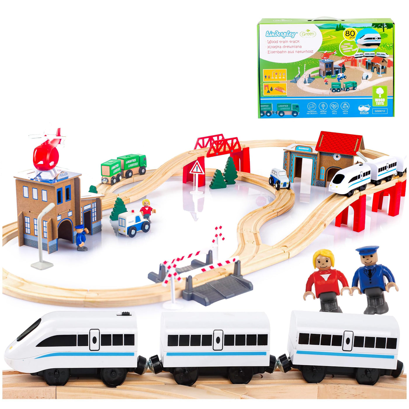 Green series Holzeisenbahn Set für Kinder - Eisenbahn Holz | Spielzeug Zug | Polizeistation, Autobahn und Bahnset mit Brücke, 80 Teilen, 378 cm lang | Holz Eisenbahnen | Holzzug | Modell GS0010