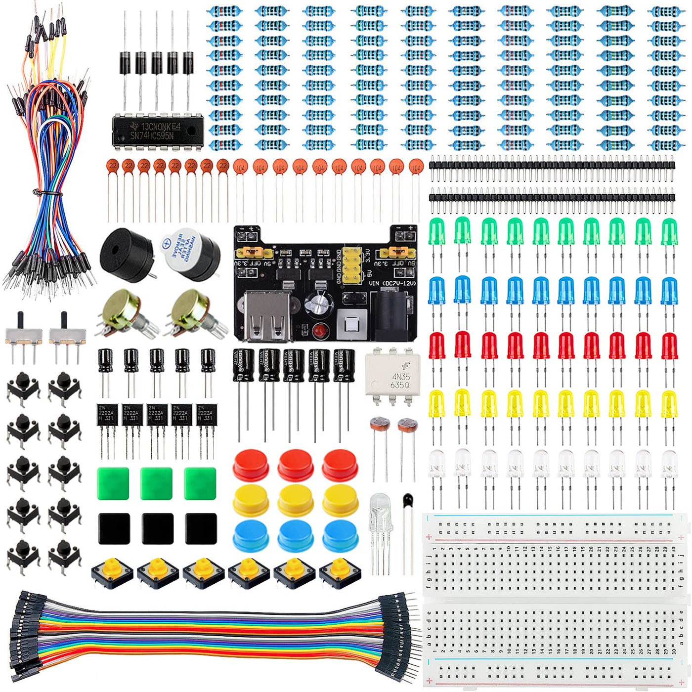 Miuzei Basic Starter Kit für Arduino Projekte mit Steckboard, Power Supply Modul, Jumperkabel, Resistors, LED, Elektronik Steckbrett Breadboard Set, Kompatibel mit Raspberry Pi