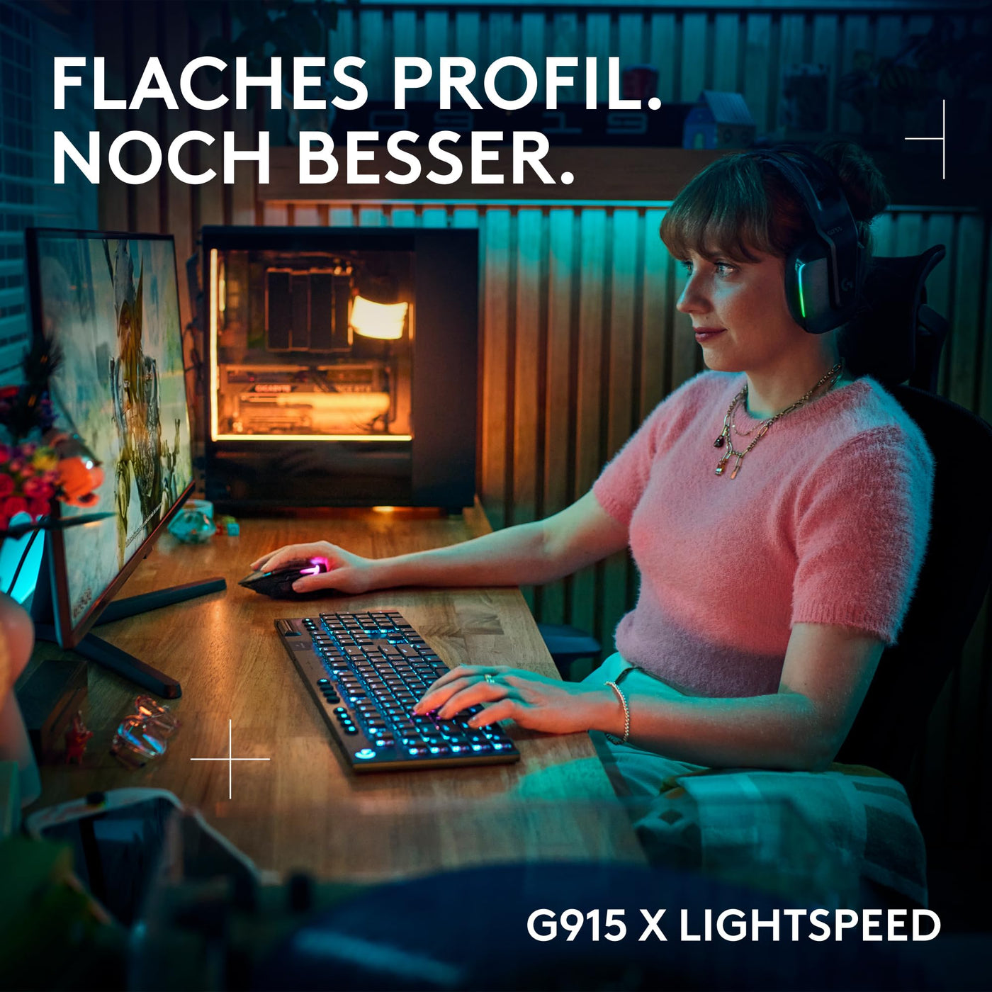 Logitech G G915 X LIGHTSPEED TKL – flache kabellose Gaming-Tastatur mit Double-Shot-PBT-Tastenkappen, RGB-Hintergrundbeleuchtung, roten linearen GL-Switches für PC/Mac, DEU QWERTZ-Layout - Schwarz