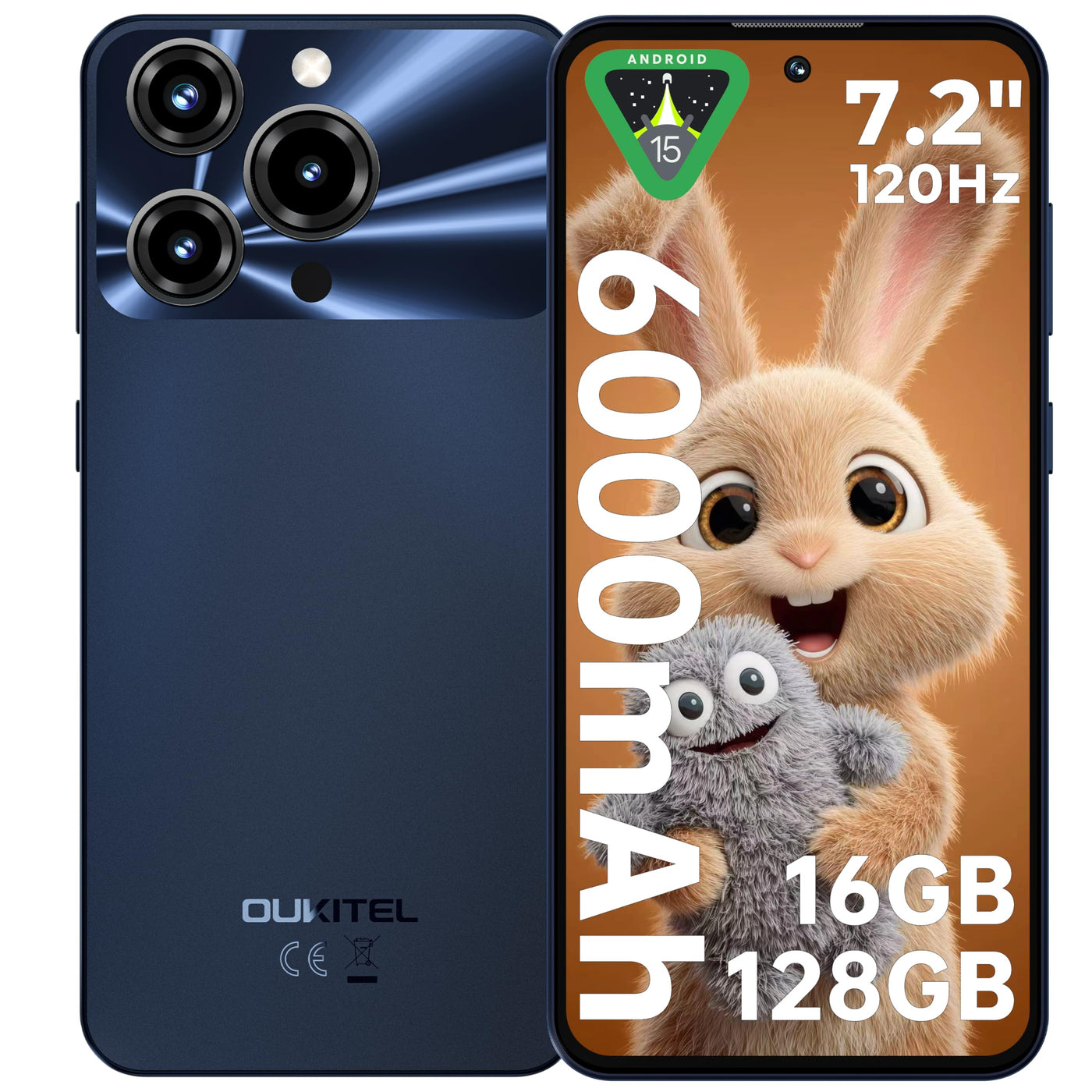OUKITEL C69 Handy Ohne Vertrag - 7,2 Zoll 120Hz Display 6000mAh Akku Smartphone Ohne Vertrag 64MP+8MP 16GB+128GB/1TB Smartphone Android 15 Simlockfreie Handys Dual SIM 4G Face ID/OTG/GPS/Schwarz