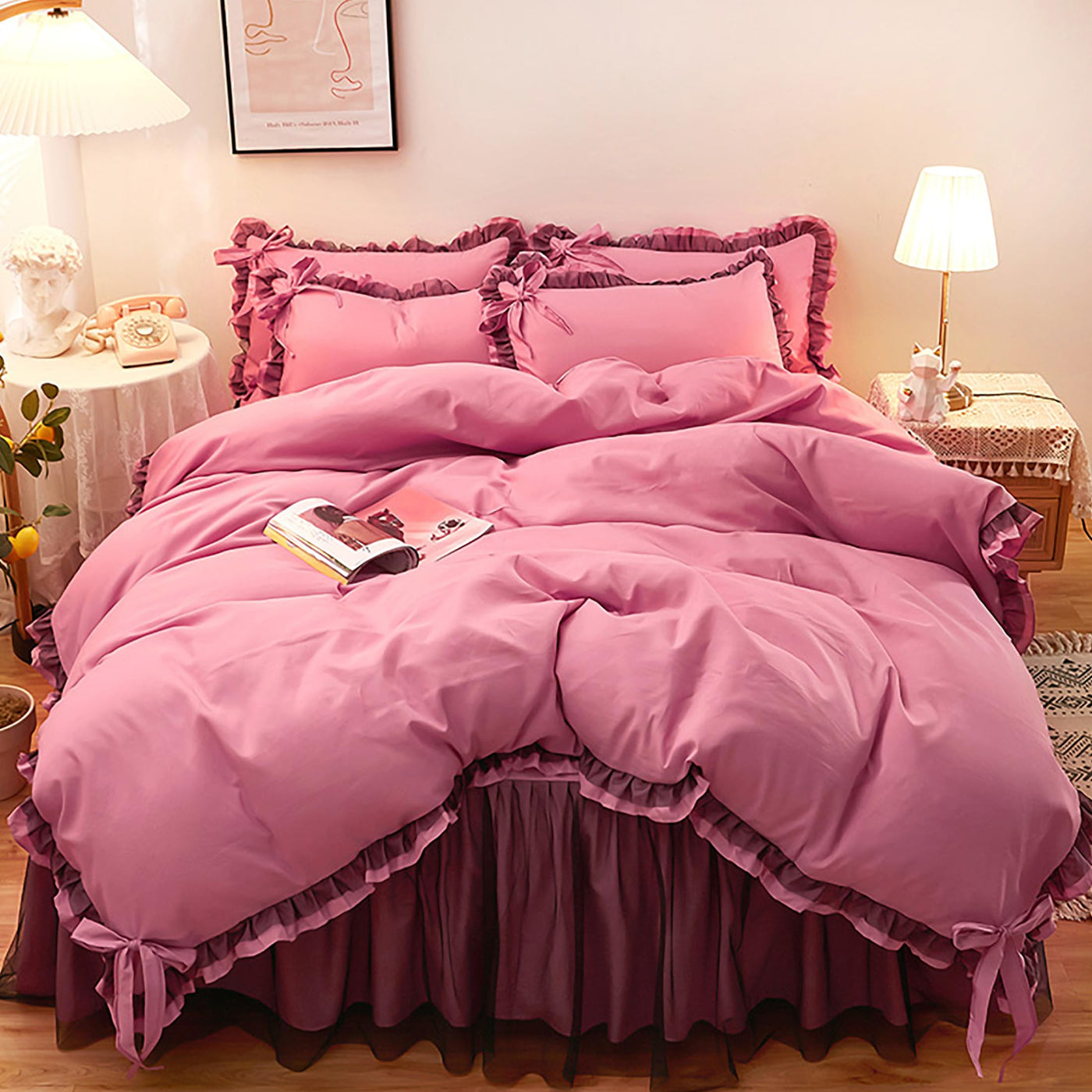 GETIYA Dunkelrosa Einfarbig Bettwäsche 135x200 Rüschen Bettwäsche Rosa Mädchen Damen Bettbezug mit Schleife Mikrofaser Bettwäsche Einzelbett Rüschen Deckenbezug mit 1 Kissenbezug 80x80