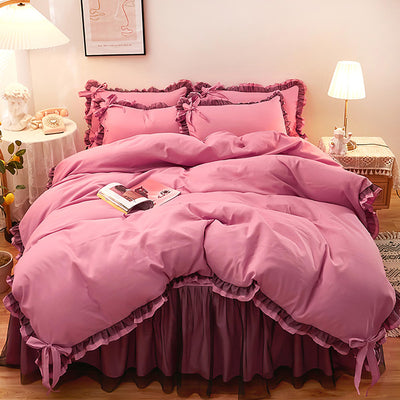 GETIYA Dunkelrosa Einfarbig Bettwäsche 135x200 Rüschen Bettwäsche Rosa Mädchen Damen Bettbezug mit Schleife Mikrofaser Bettwäsche Einzelbett Rüschen Deckenbezug mit 1 Kissenbezug 80x80