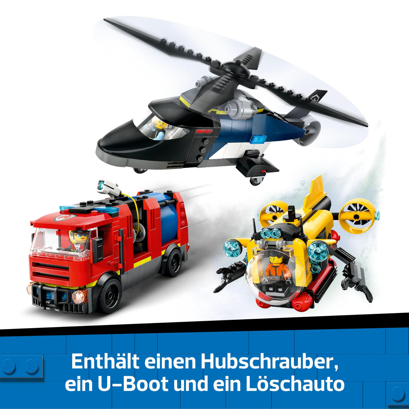 LEGO City Kombinationsset mit Hubschrauber, Löschauto und U-Boot und 3 Minifiguren - Baubare Spielzeug Fahrzeuge für Jungen und Mädchen ab 7 Jahren - Geschenk zum Geburtstag & für die Feiertage 60462