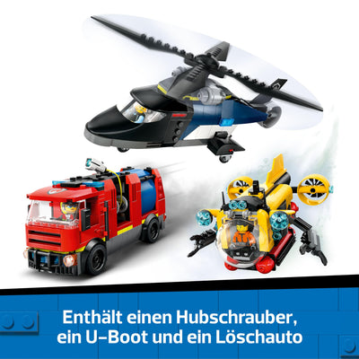 LEGO City Kombinationsset mit Hubschrauber, Löschauto und U-Boot und 3 Minifiguren - Baubare Spielzeug Fahrzeuge für Jungen und Mädchen ab 7 Jahren - Geschenk zum Geburtstag & für die Feiertage 60462