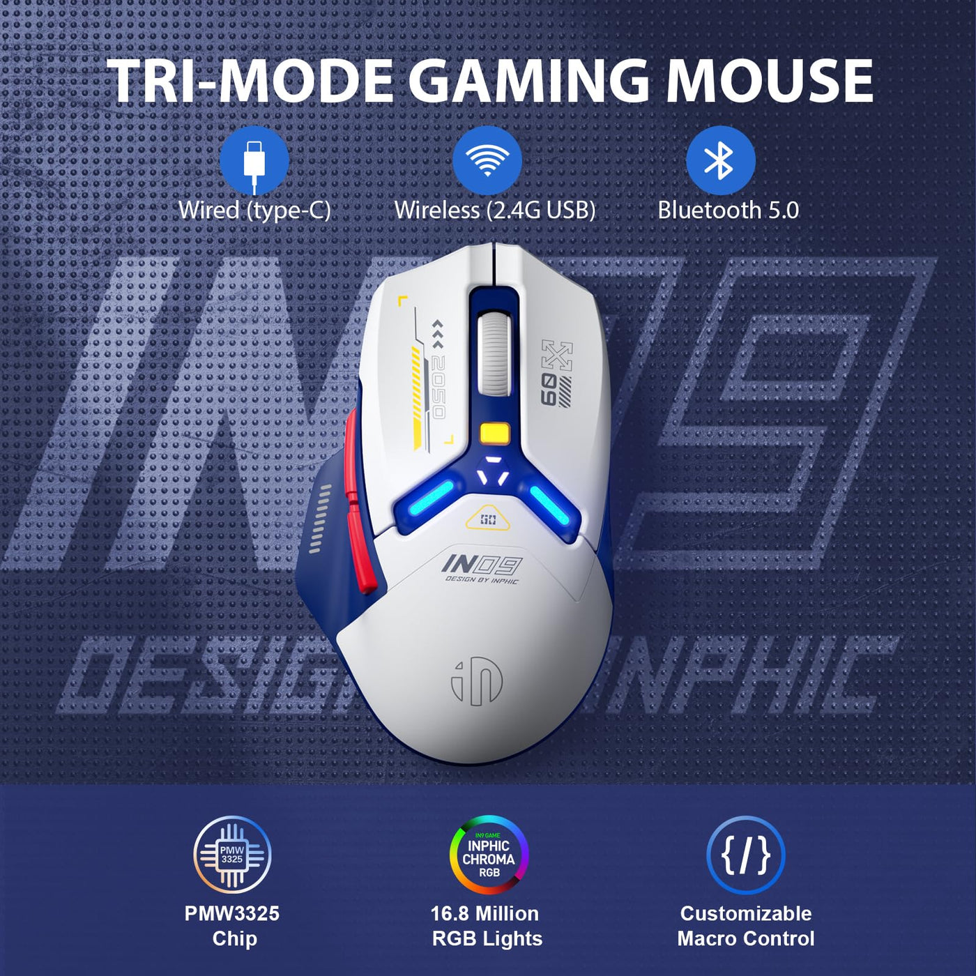 INPHIC IN9 Gaming Maus kabellos, echte Tri-Mode 2,4G Wireless/Type-C Wired/Bluetooth Maus, 10k DPl, vollständig programmierbar, RGB-Beleuchtung, Hyperspeed wiederaufladbare Funkmaus für Laptop PC,Blau