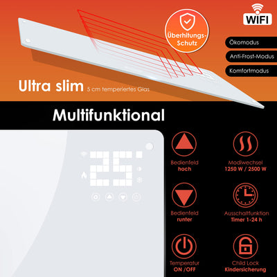 KESSER® Glaskonvektor Glasheizung Elektroheizkörper APP WiFi Funktion Inkl. Fernbedienung Elektroheizung Stand- oder Wand Heizung Heizkörper | Touchscreen | LCD-Display | Timer | 2500 Watt | Weiß