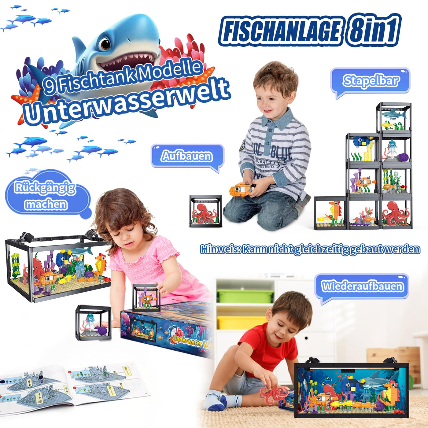 8-in-1 Aquarium Fish Tank Baustein mit LED Licht, einschließlich Meeresquallen, Fischen, Tierbauspielzeug, Geburtstag Weihnachten Geschenk für Erwachsene Kinder Jungen Mädchen ab 6 8 10 12+ Jahren