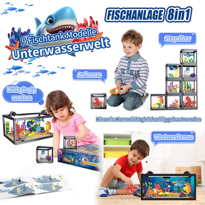 8-in-1 Aquarium Fish Tank Baustein mit LED Licht, einschließlich Meeresquallen, Fischen, Tierbauspielzeug, Geburtstag Weihnachten Geschenk für Erwachsene Kinder Jungen Mädchen ab 6 8 10 12+ Jahren