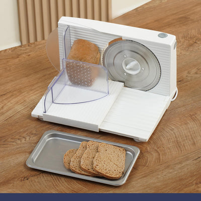 Sommertal Allesschneider AS170 150W Edelstahlmesser mit Wellenschliff, Klappbar platzsparend, elektrische Schneidemaschine Brotschneidemaschine, Profi Aufschnittmaschine Weiß 0-15mm