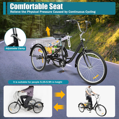 chennnls 26 Zoll 8-Gang Dreirad für Erwachsene, Dreiradfahrrad mit großem Korb, Verstellbarer Sitz Cruiser Trike Rennrad für Männer, Frauen, ältere Menschen(Schwarz Weiß)