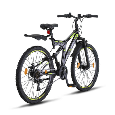 Chillaxx Bike Falcon Premium Mountainbike in 24 und 26 Zoll - Fahrrad für Jungen, Mädchen, Damen und Herren - Scheibenbremse- 21 Gang-Schaltung - Vollfederung (26 Zoll, Schwarz-Lime Disc-Bremse)