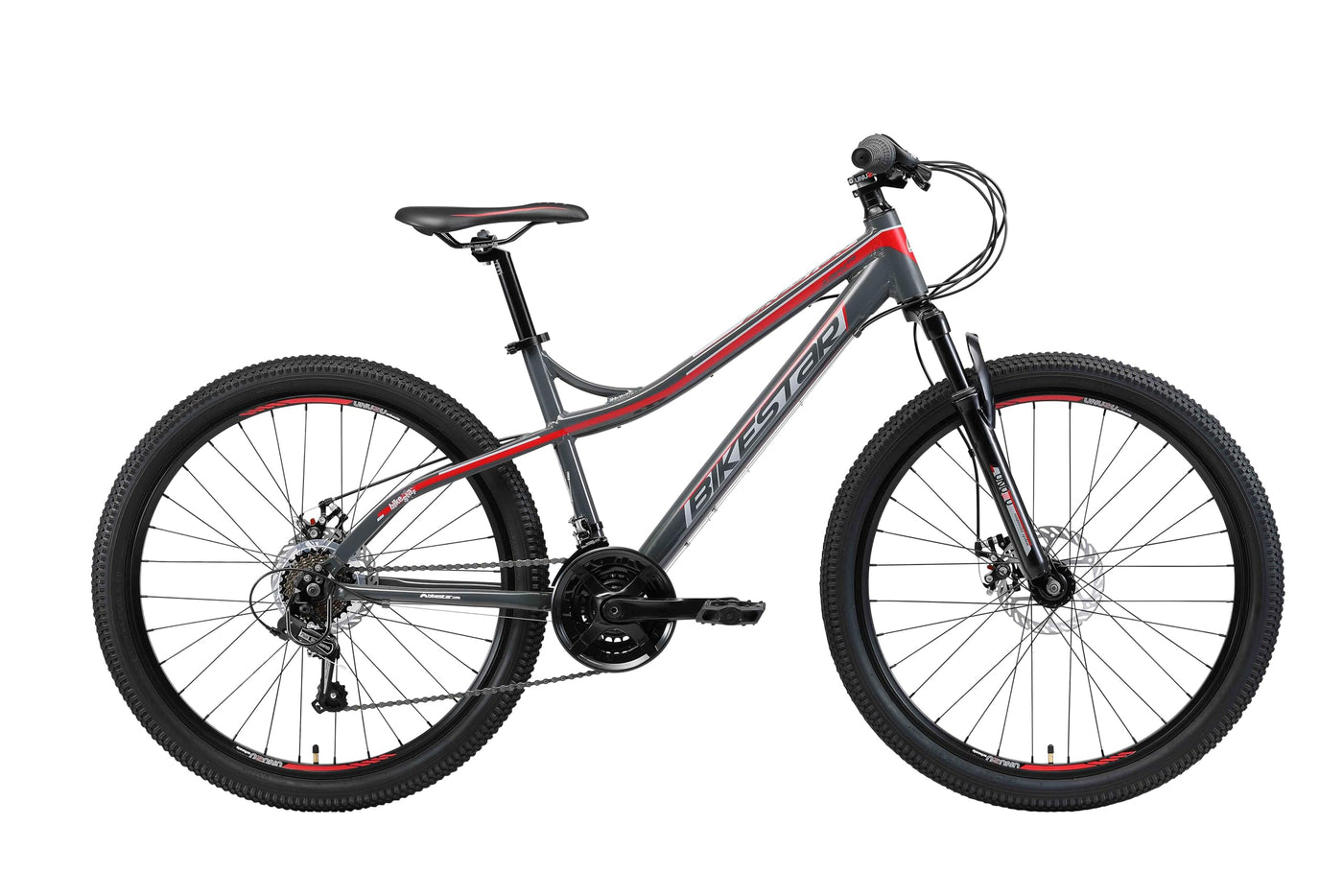 BIKESTAR Hardtail Aluminium Mountainbike Shimano 21 Gang Schaltung, Scheibenbremse 26 Zoll Reifen | 16 Zoll Rahmen Alu MTB | Grau & Rot