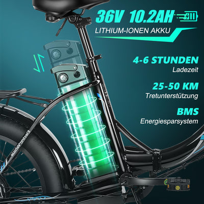 ANCHEER Klapprad E-Bike, 20"*3.0 Elektrofahrrad mit 36V 10.2Ah Lithium-Akku für Lange Reichweite bis 100KM, 250W Motor, 7 Gang für Herren Damen
